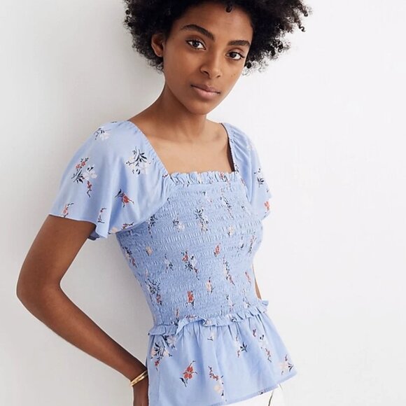 Madewell Blue Smocked Floral Peplum Top Size M - Picture 2 of 13